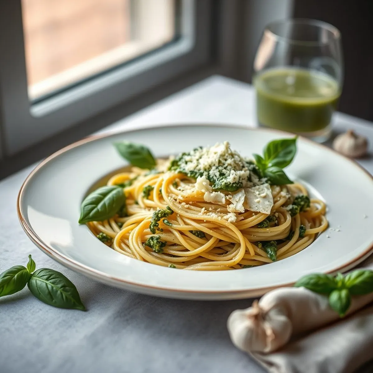 AI-generated photo Pesto pasta. AI-generated photo.