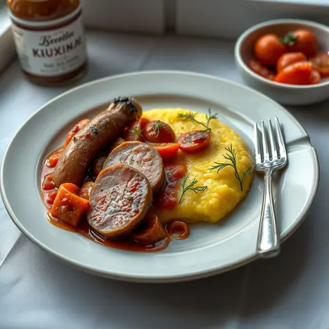 Polenta and sausage. AI-generated photo.