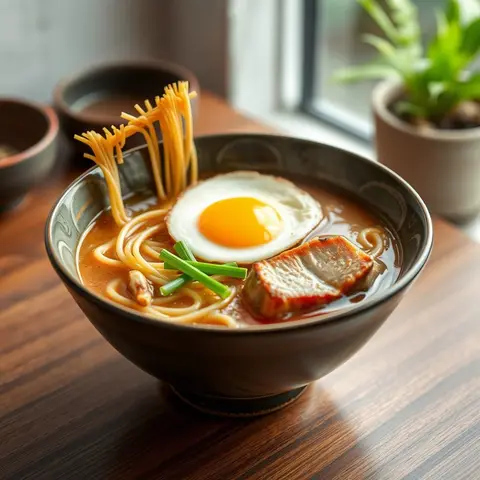 Pork broth ramen. AI-generated photo.