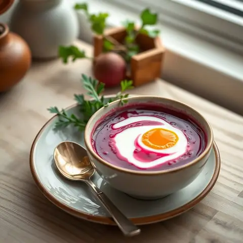 Cold beet soup. AI-generated photo.