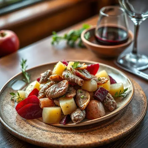 Meat salad. AI-generated photo.