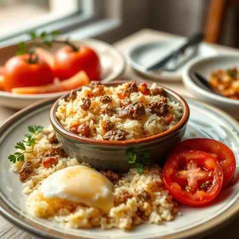 Baked rice. AI-generated photo.