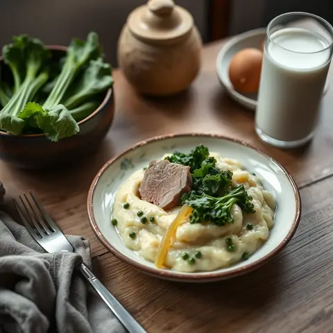 Kale and potato mash. AI-generated photo.