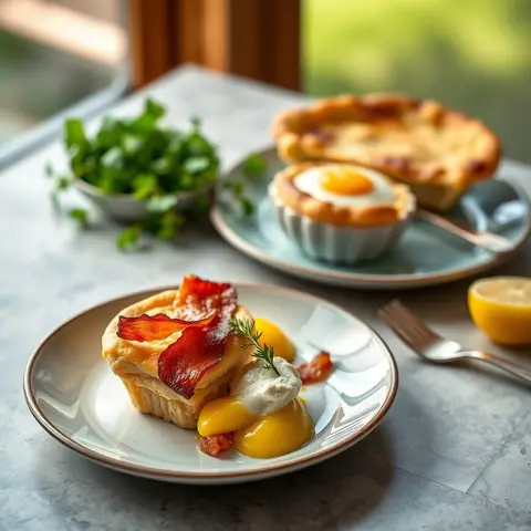 Bacon and egg pie. AI-generated photo.