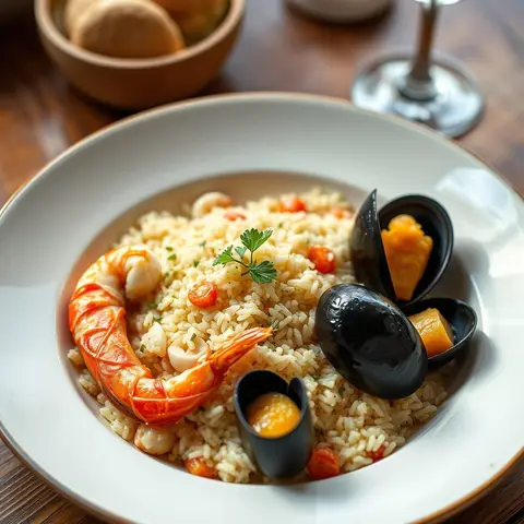 Seafood rice. AI-generated photo.