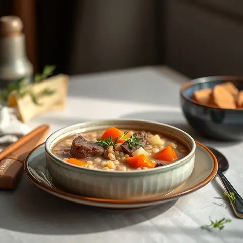 Barley soup. AI-generated photo.