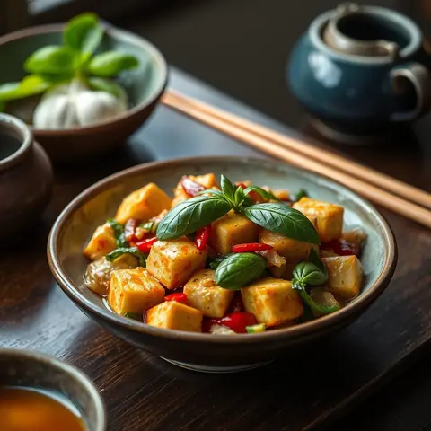 Pad kra pao tofu. AI-generated photo.