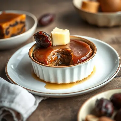 Sticky toffee pudding. AI-generated photo.