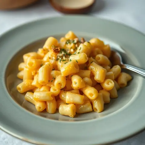 Baked macaroni and cheese. AI-generated photo.