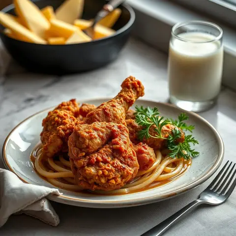 Skillet fried chicken. AI-generated photo.