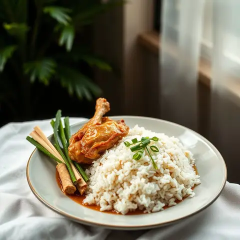 Hainanese chicken rice. AI-generated photo.