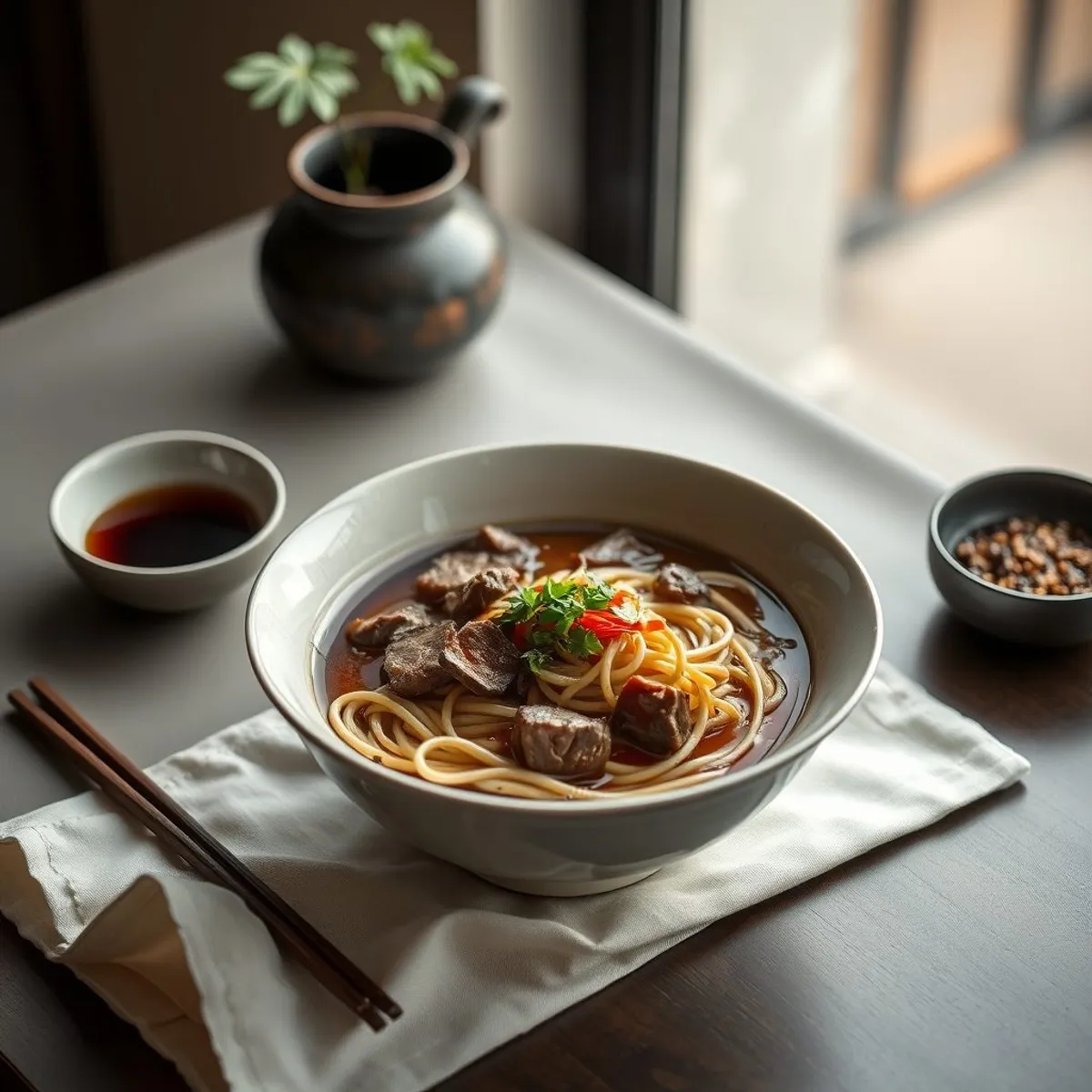 AI-generated photo Taiwanese beef noodle soup. AI-generated photo.