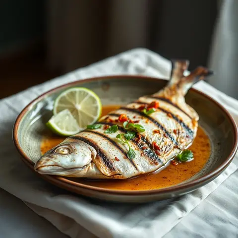 Grilled fish with lime. AI-generated photo.