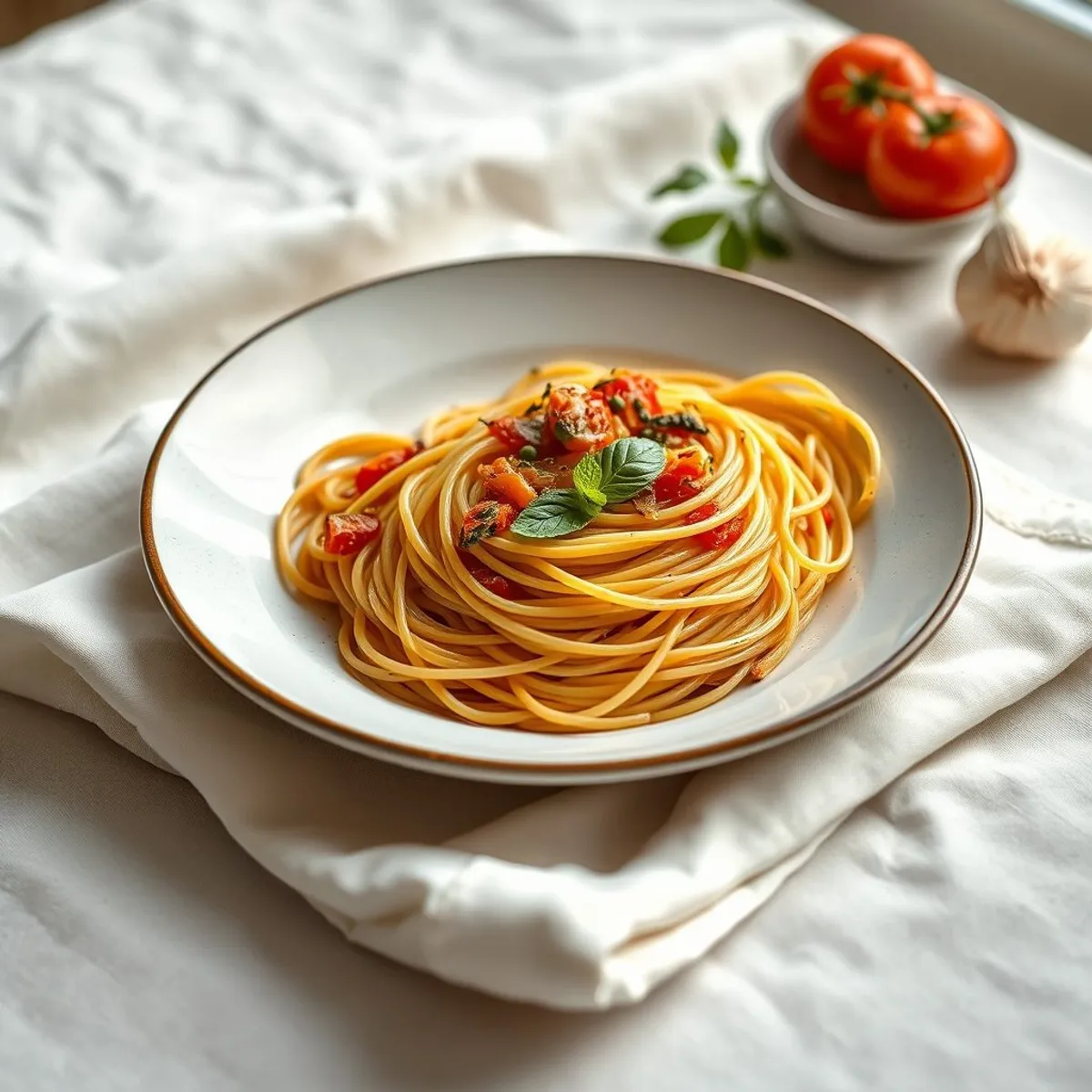 AI-generated photo Tomato garlic spaghetti. AI-generated photo.