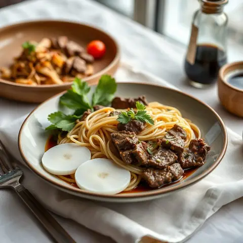 Coconut beef noodles. AI-generated photo.