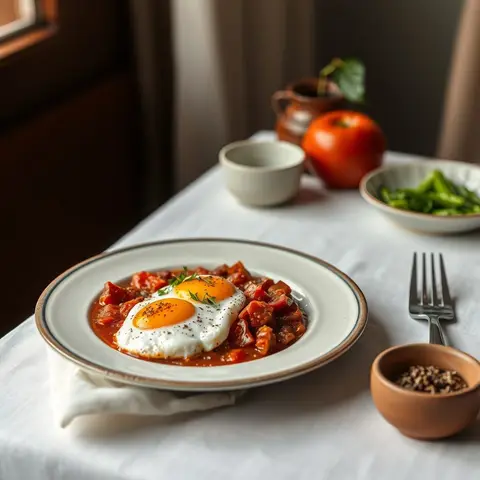 Harissa shakshuka. AI-generated photo.