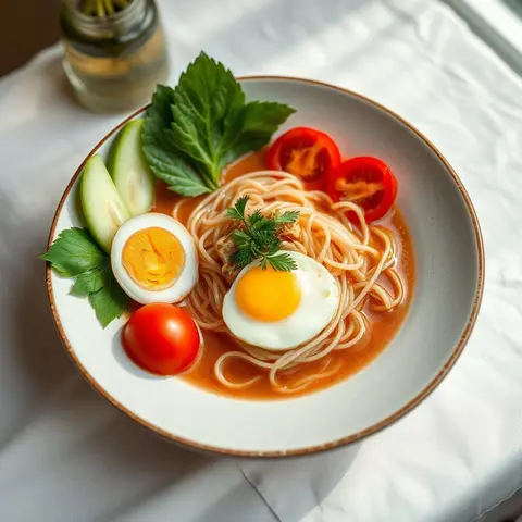 Tomato crab noodle soup. AI-generated photo.