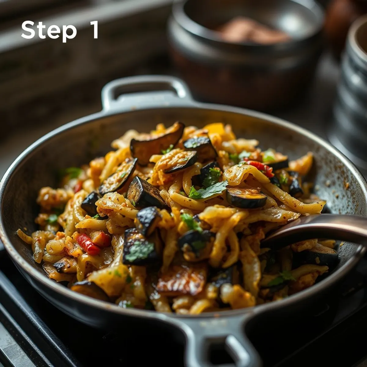 AI-generated photo Mashed eggplant bhorta, step 1. AI-generated photo.