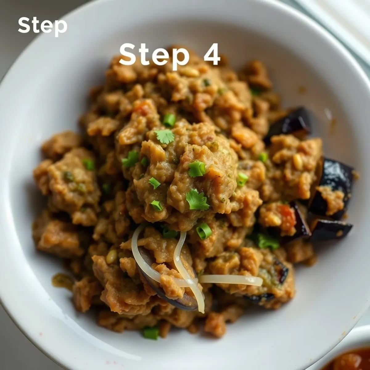 AI-generated photo Mashed eggplant bhorta, step 4. AI-generated photo.