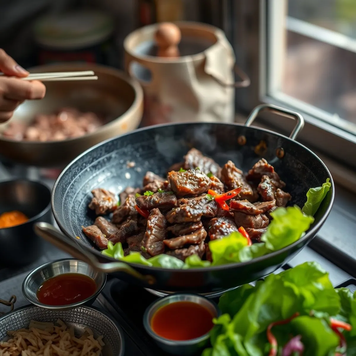 AI-generated photo Lok lak beef, step 1. AI-generated photo.