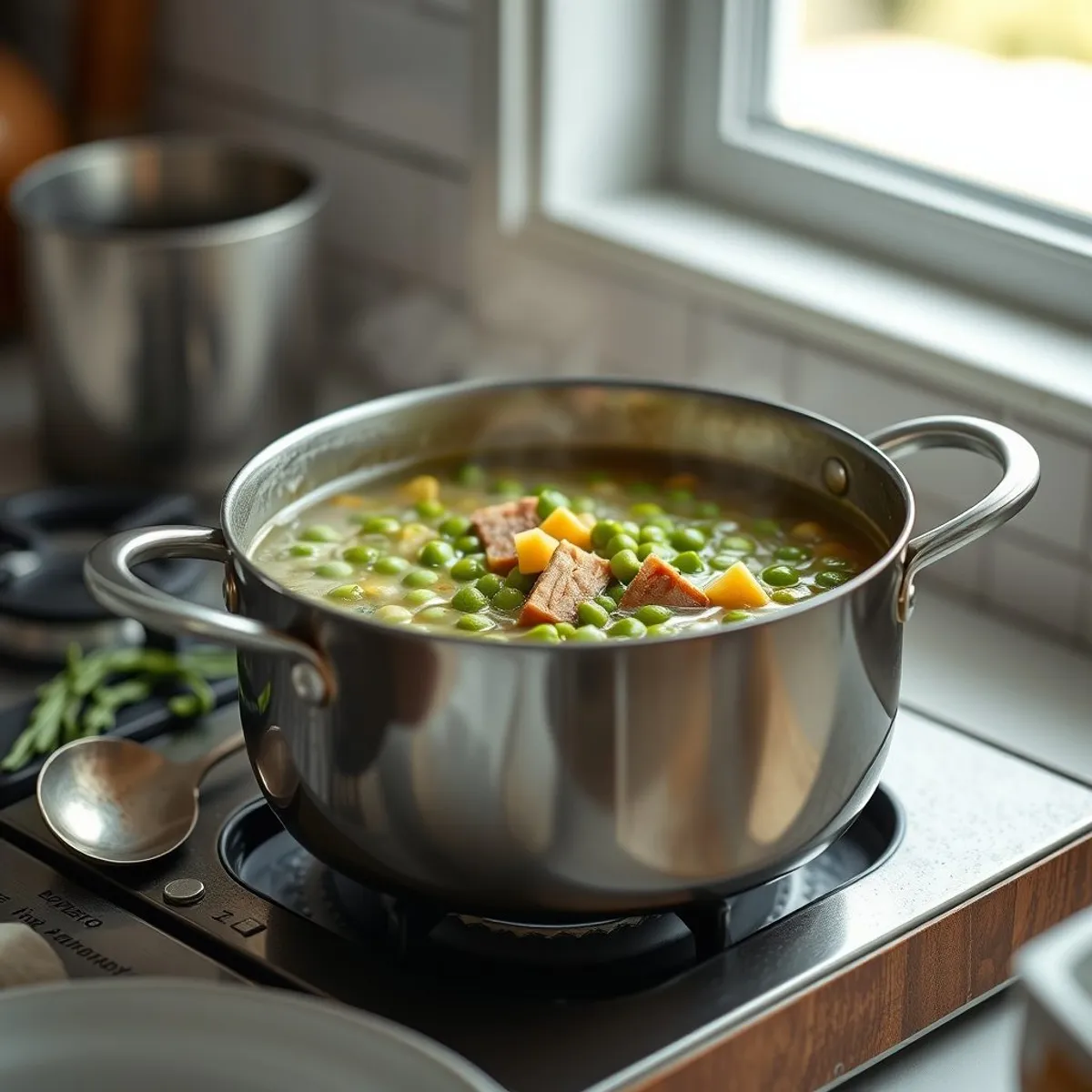 AI-generated photo Split pea soup, step 1. AI-generated photo.