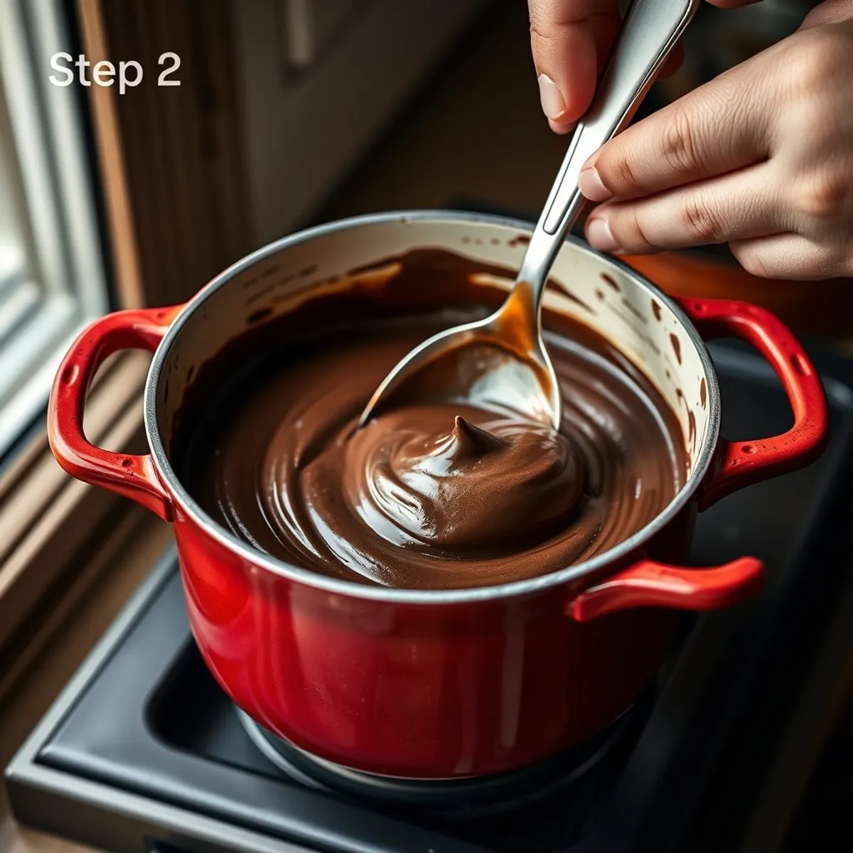 Dark Chocolate Mousse, step 2. AI-generated photo.