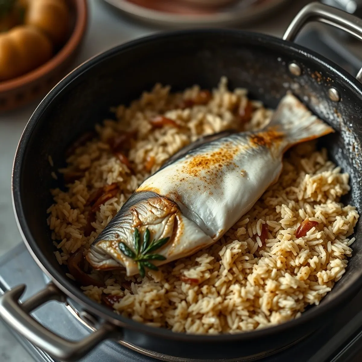 AI-generated photo Fish with rice, step 2. AI-generated photo.