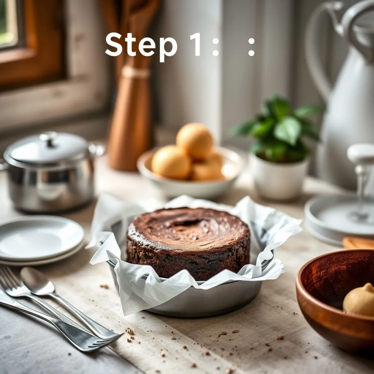 Flourless Chocolate Cake, step 1. AI-generated photo.
