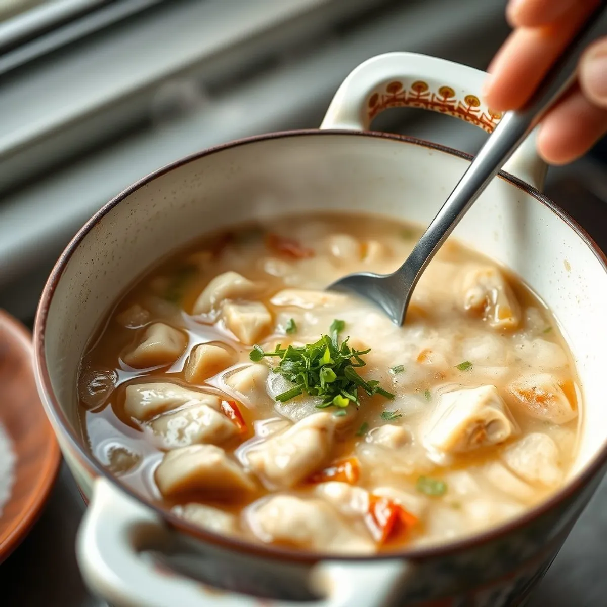 AI-generated photo Ginger Chicken Congee, step 4. AI-generated photo.