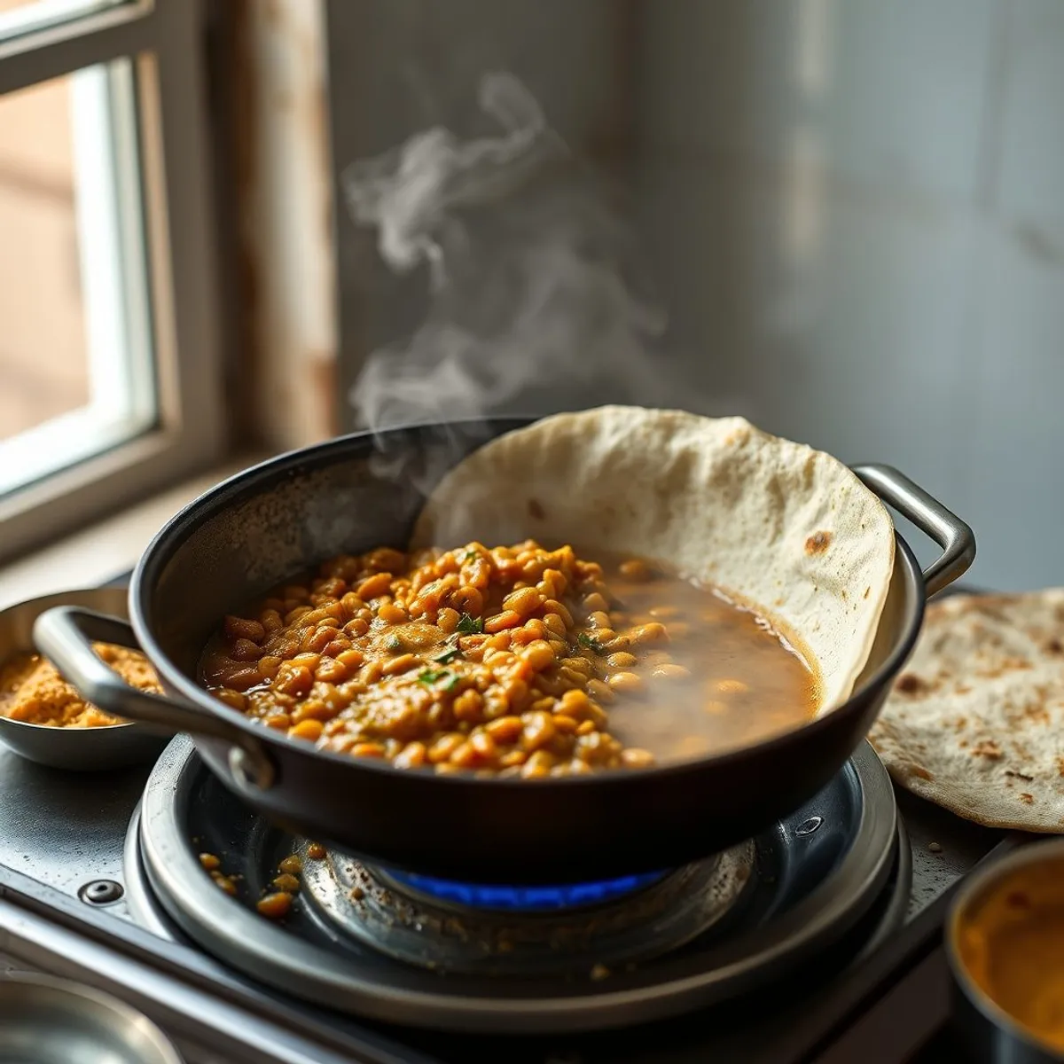 AI-generated photo Dhal and roti, step 1. AI-generated photo.
