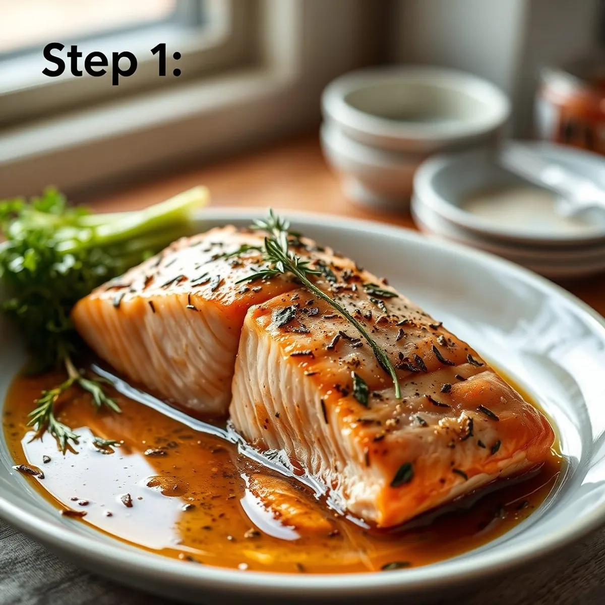 Herb Roasted Salmon, step 1. AI-generated photo.