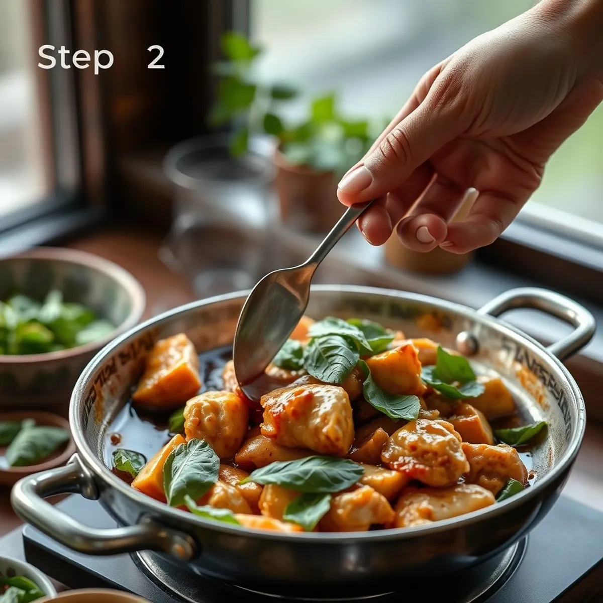 AI-generated photo Holy Basil Chicken, step 2. AI-generated photo.