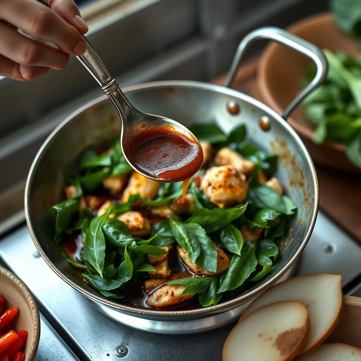 AI-generated photo Holy Basil Chicken, step 4. AI-generated photo.