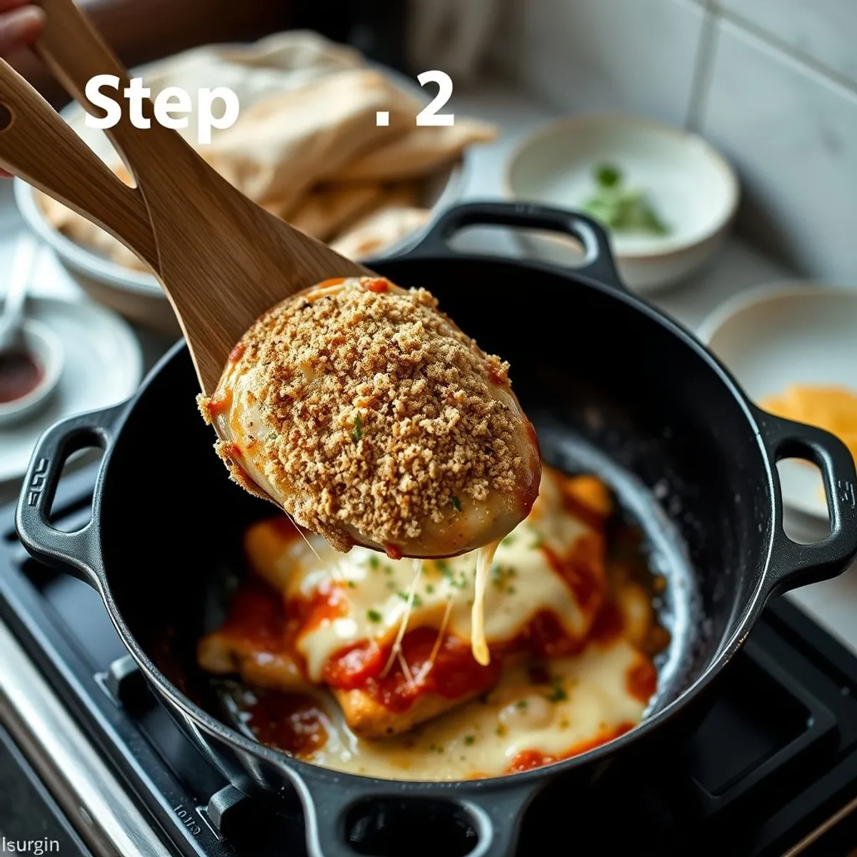 AI-generated photo Chicken parmi, step 2. AI-generated photo.