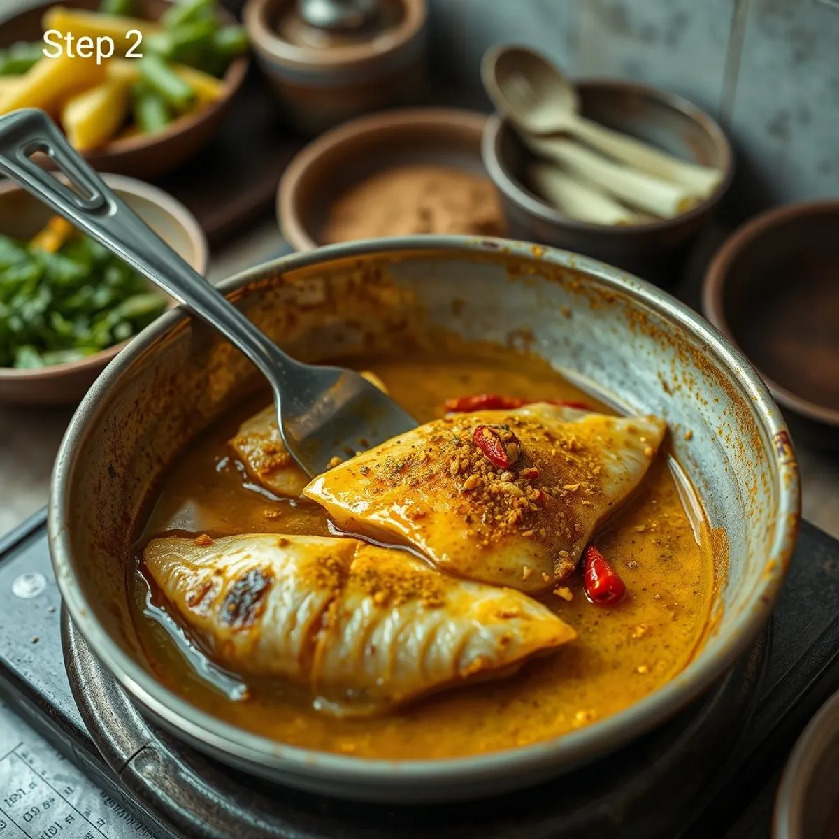 Shorshe ilish, step 2. AI-generated photo.