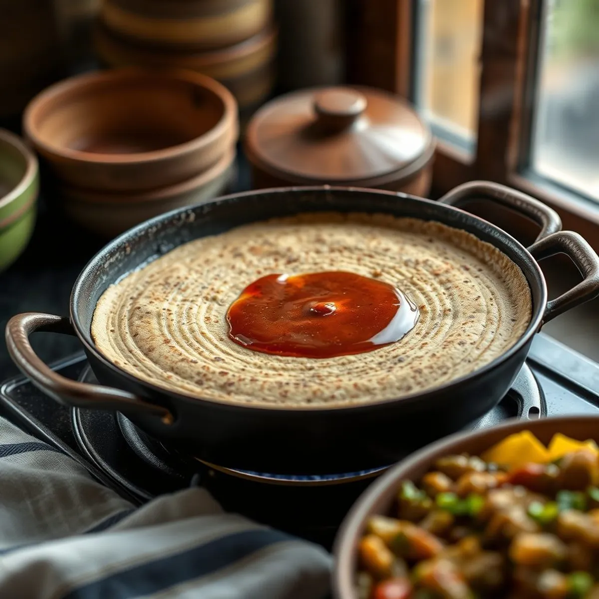 AI-generated photo Teff injera, step 3. AI-generated photo.
