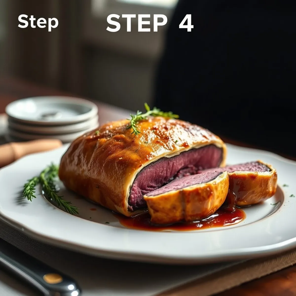 AI-generated photo Beef Wellington, step 4. AI-generated photo.