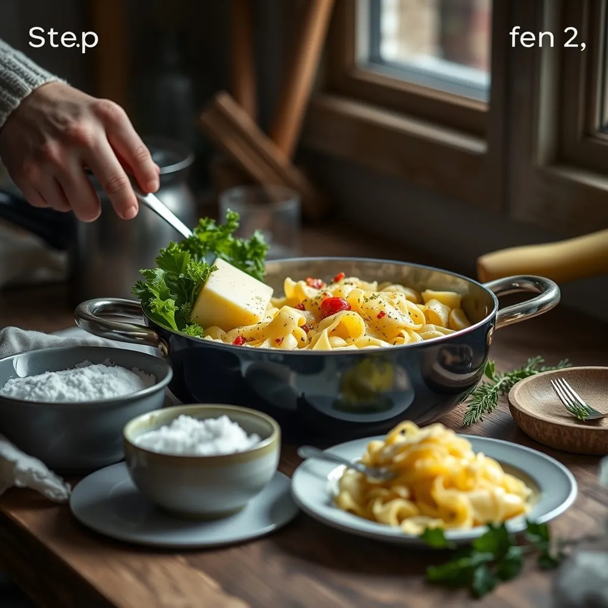 AI-generated photo Cheese spaetzle, step 1. AI-generated photo.
