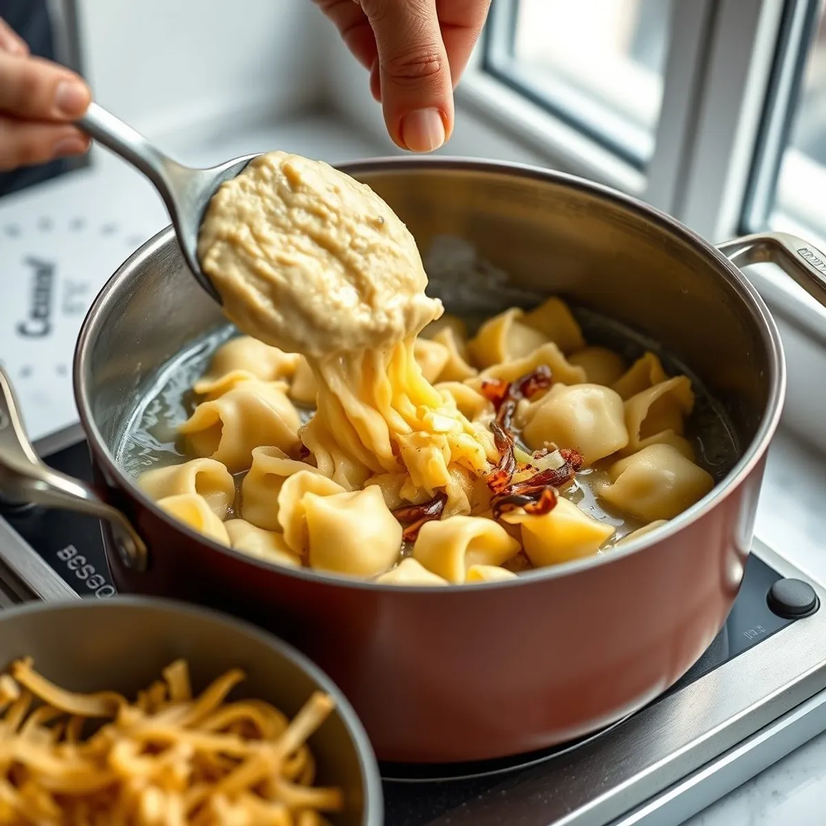 AI-generated photo Cheese spaetzle, step 2. AI-generated photo.