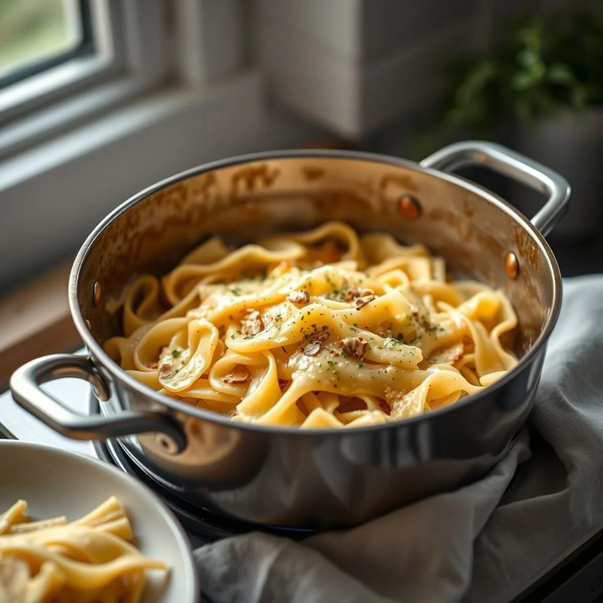 AI-generated photo Cheese spaetzle, step 3. AI-generated photo.