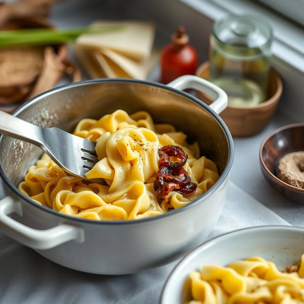 AI-generated photo Cheese spaetzle, step 4. AI-generated photo.