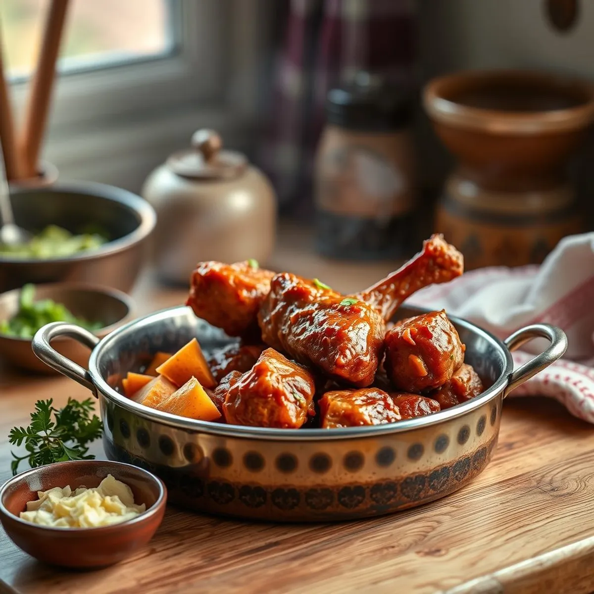 AI-generated photo Pork vindaloo, step 1. AI-generated photo.