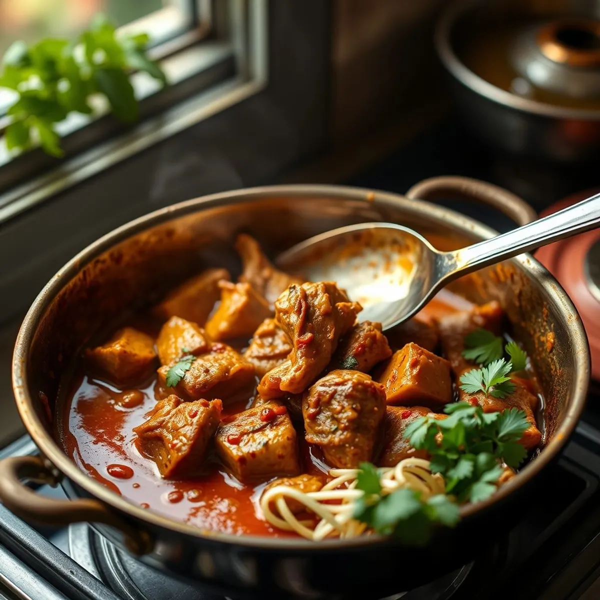 AI-generated photo Pork vindaloo, step 2. AI-generated photo.