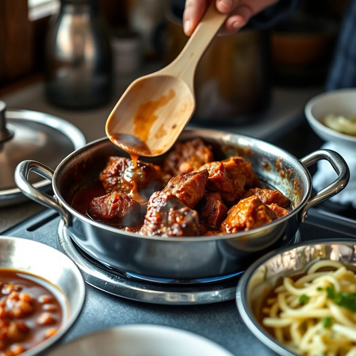 AI-generated photo Pork vindaloo, step 3. AI-generated photo.