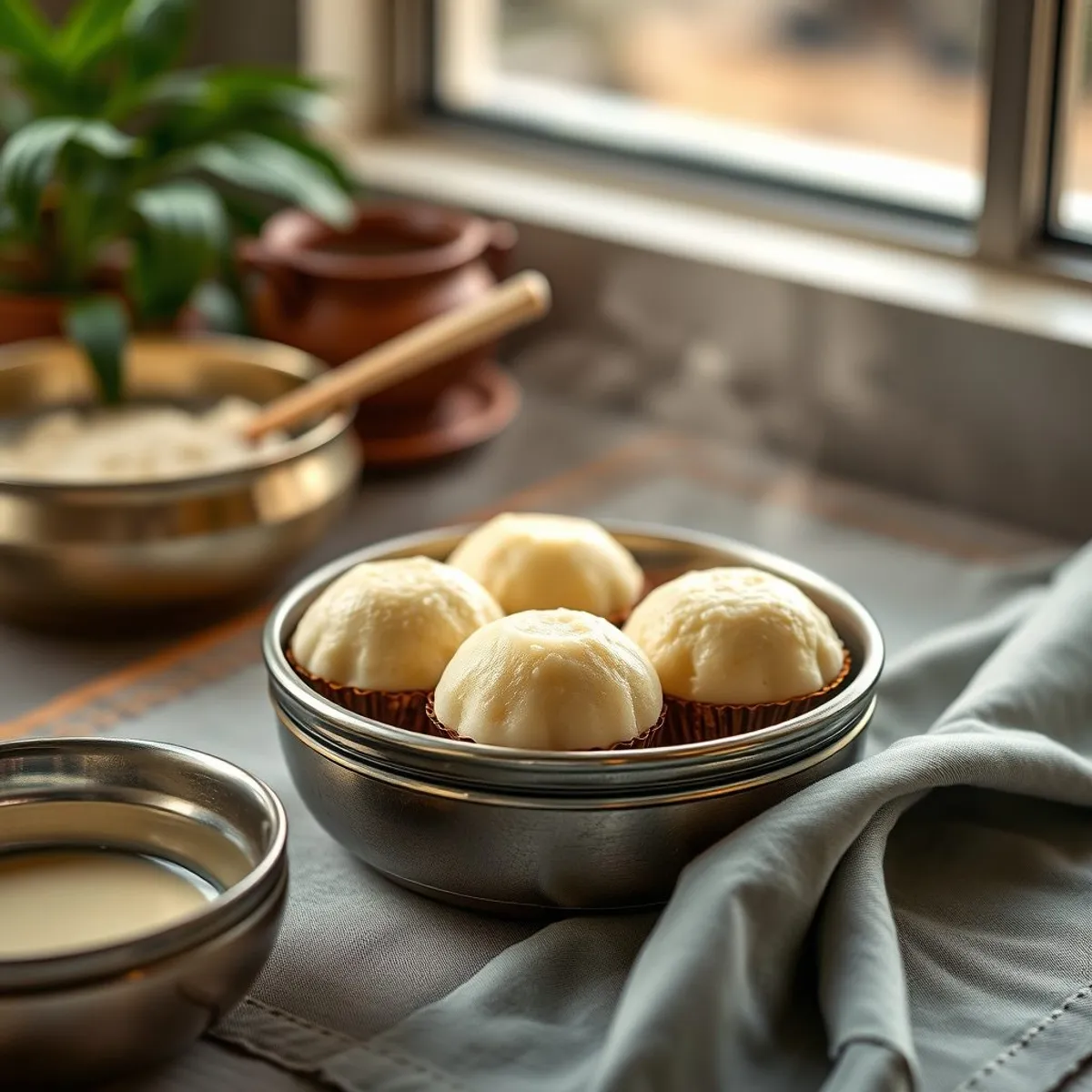 AI-generated photo Steamed idli, step 2. AI-generated photo.