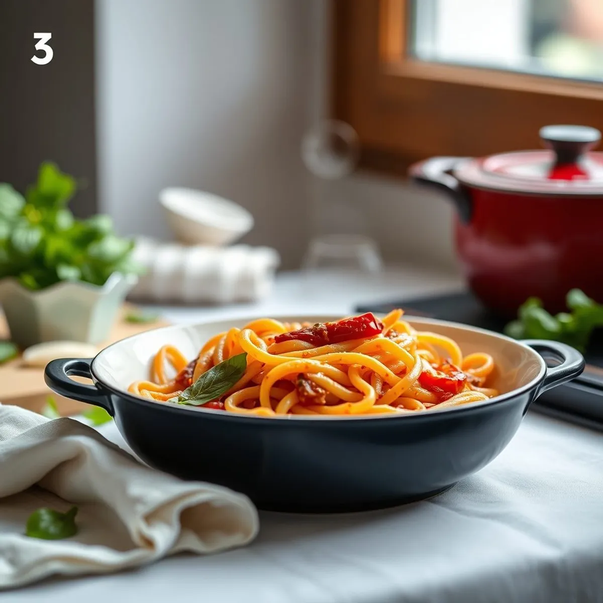 AI-generated photo Penne arrabbiata, step 4. AI-generated photo.