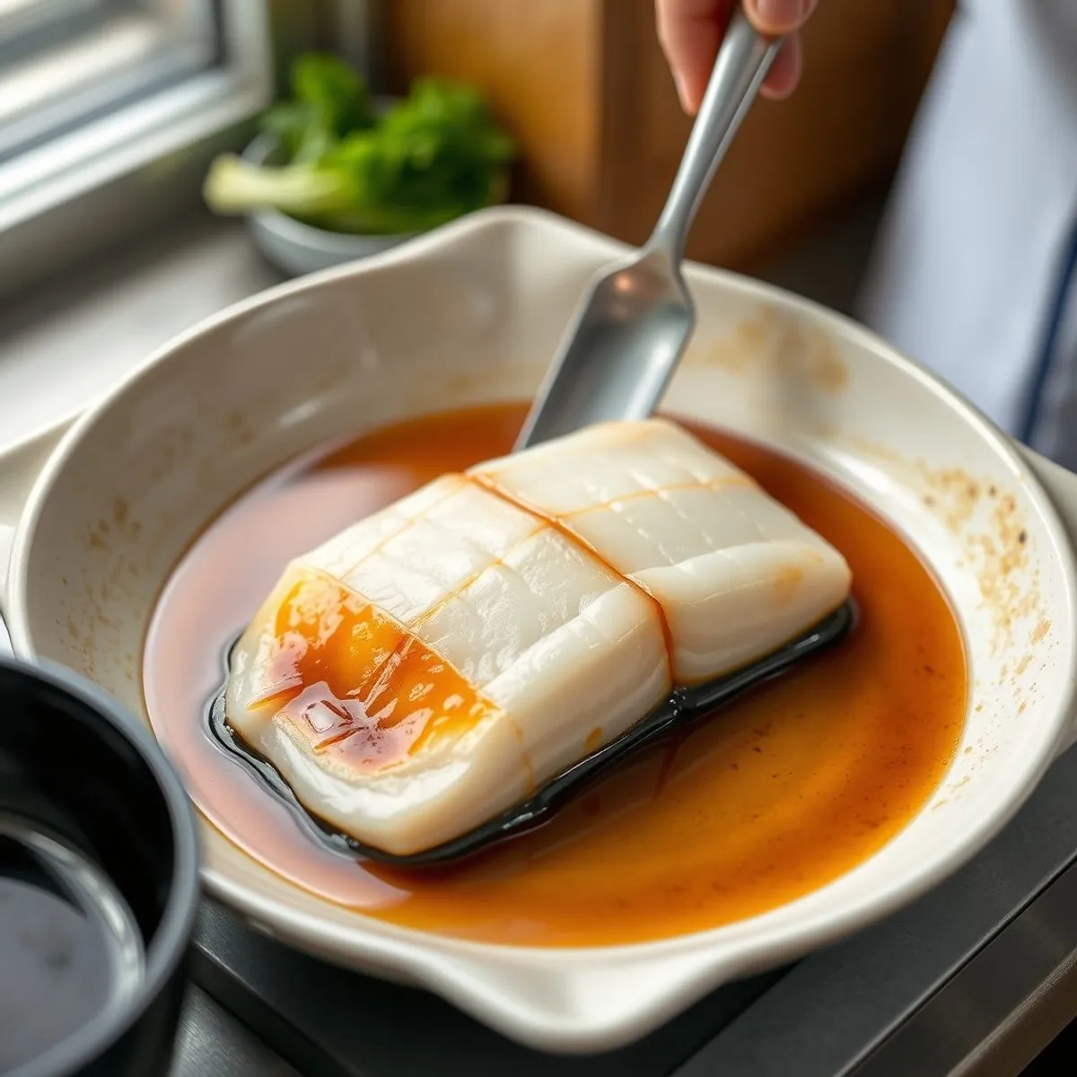 AI-generated photo Miso-glazed cod, step 1. AI-generated photo.