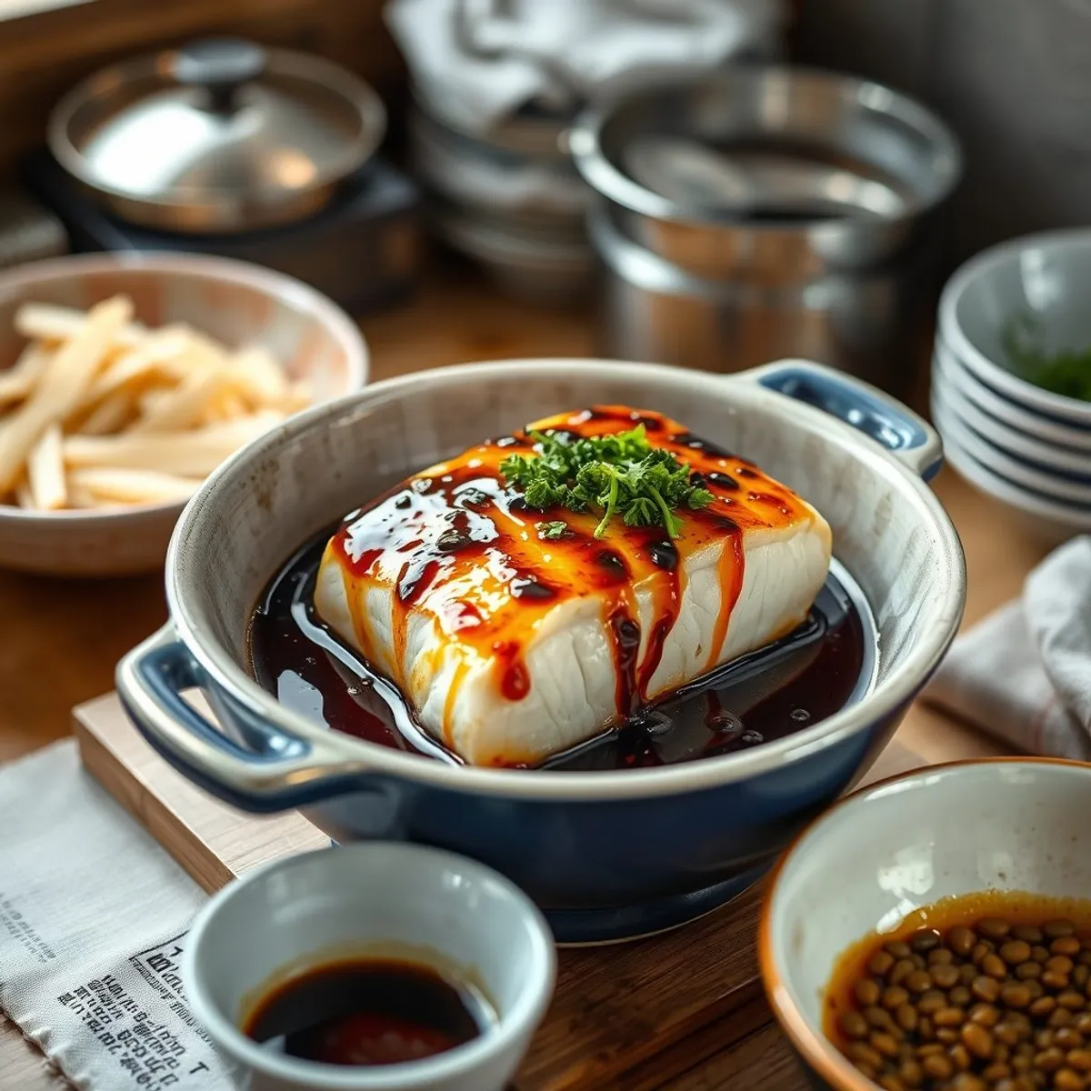 AI-generated photo Miso-glazed cod, step 2. AI-generated photo.