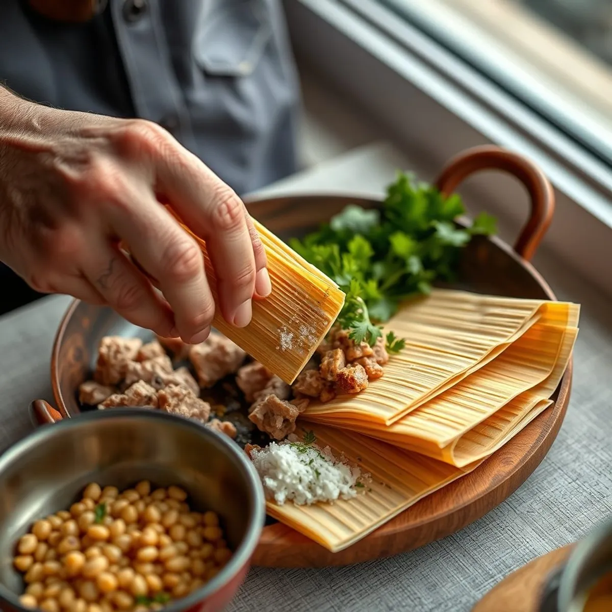 AI-generated photo Pork tamales, step 1. AI-generated photo.
