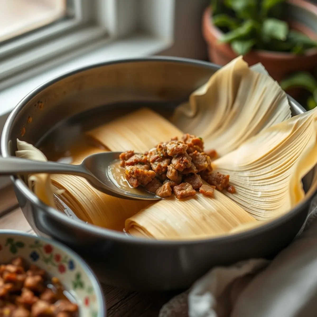 AI-generated photo Pork tamales, step 2. AI-generated photo.